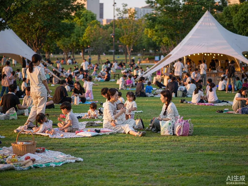 黄昏时分的公园草坪，家庭在野餐垫上休息，旁边有帐篷与咖啡摊位