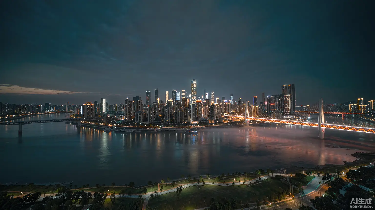 重庆两江交汇处的城市夜景，密集天际线与桥梁灯光倒映在江面上