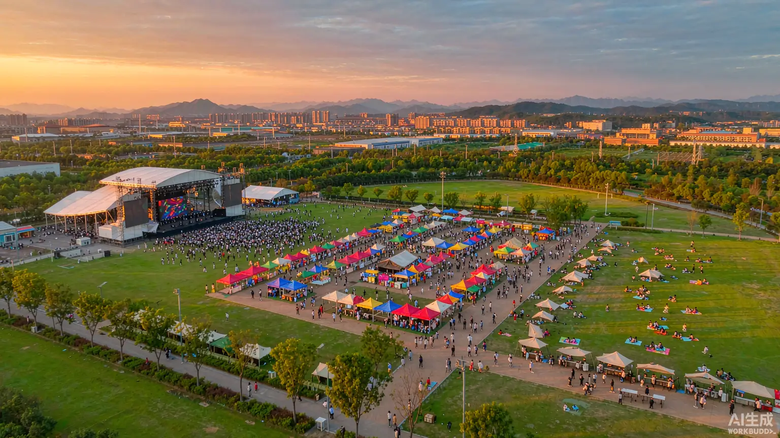 黄昏时分的活动场地航拍：草坪上分佈着白色顶棚舞台、彩色帐篷展位、步行通道与野餐区，远处是城市天际线
